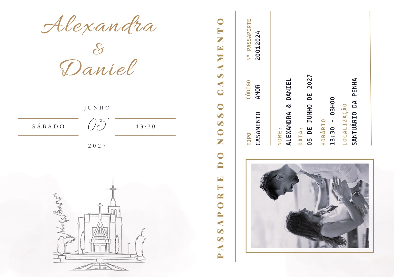 Convite de casamento de Alexandra e Daniel, 5 de junho de 2027 às 13h30, Santuário da Penha